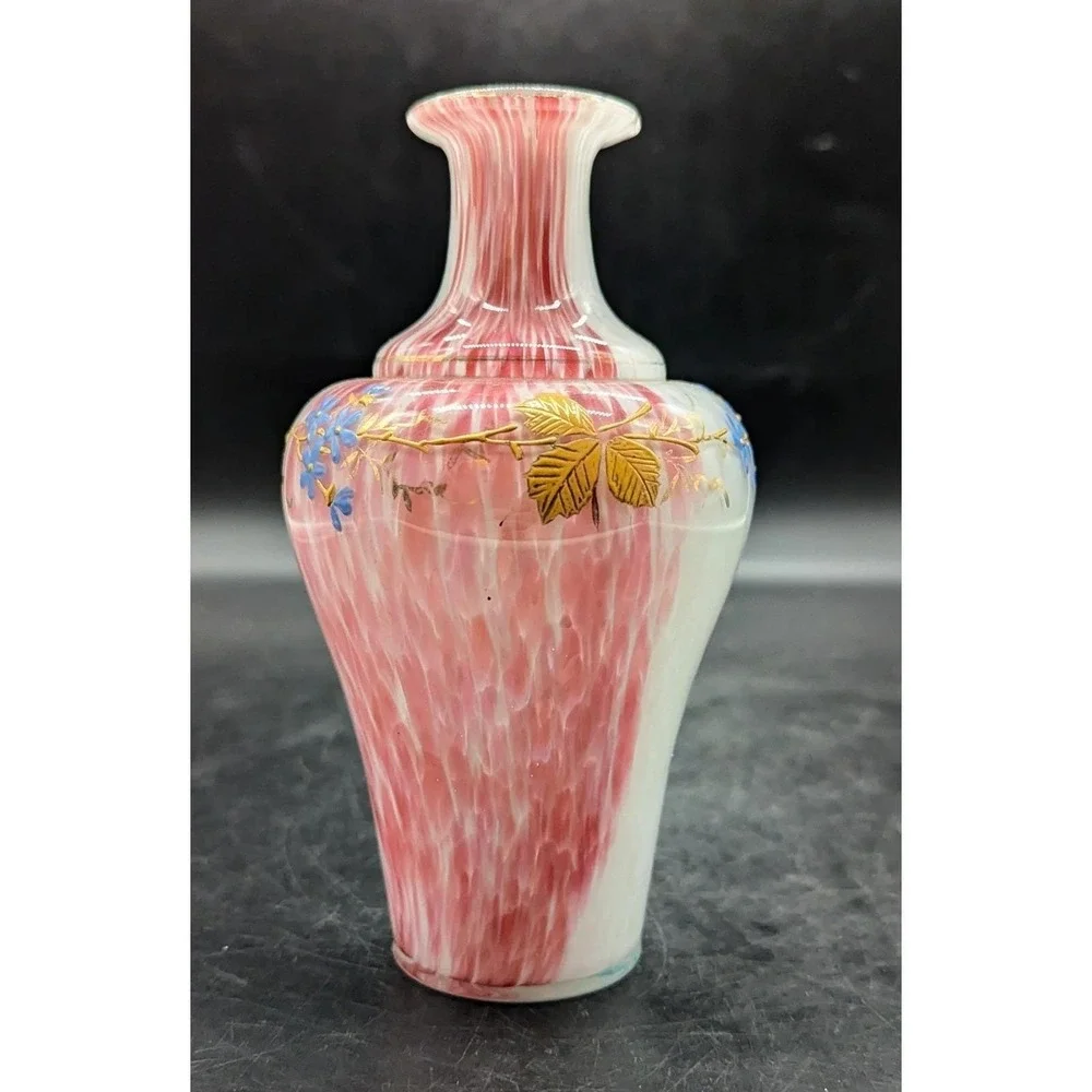 Vintage Bohemian Czech Art Glass Cased Pink Blue Vase Gold Leaf Enamel 6
